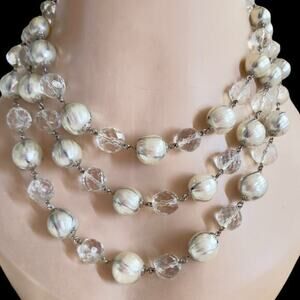 Vintage 1950s 3-Strand Baroque Glass Pearl & Crystal Choker Necklace Rousselet